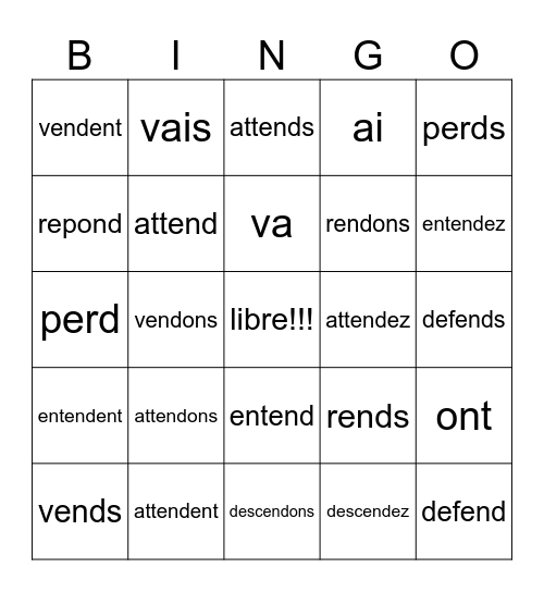 -re verbs conj. Bingo Card