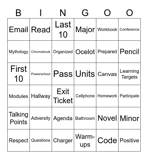 Classroom Procedures Bingo Card