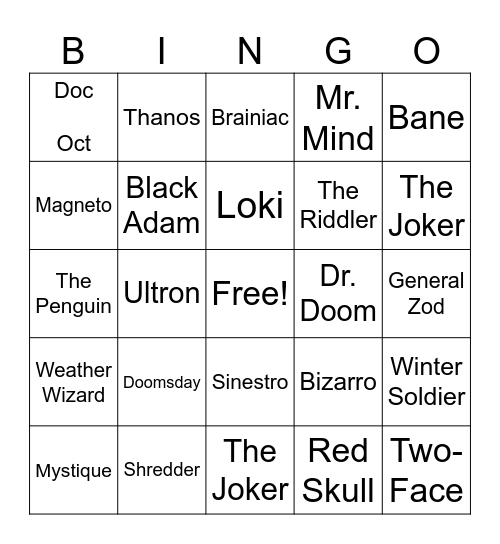 Villans Bingo Card