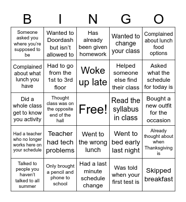 Back to School BINGO Card