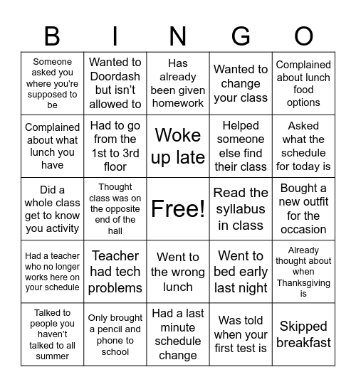 Back to School BINGO Card