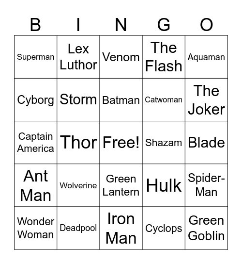 Marvel Vs. DC Bingo Card