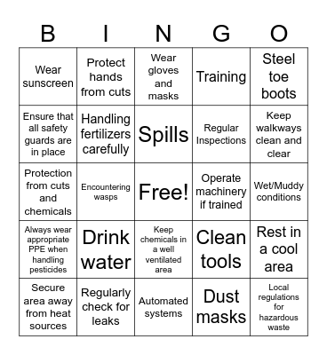 Safety Bingo Card