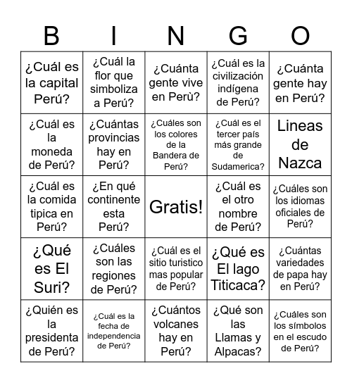 INFORMACIÓN GENERAL DE PERÚ Bingo Card