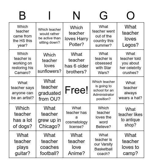 BINGO Fill-In: Do you know your Teachers? Bingo Card