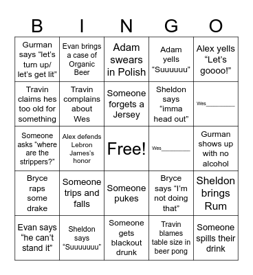 Bachelor Party Bingo Card