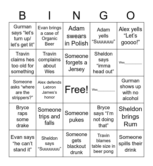 Bachelor Party Bingo Card