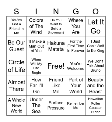 Disney Songs Bingo Card