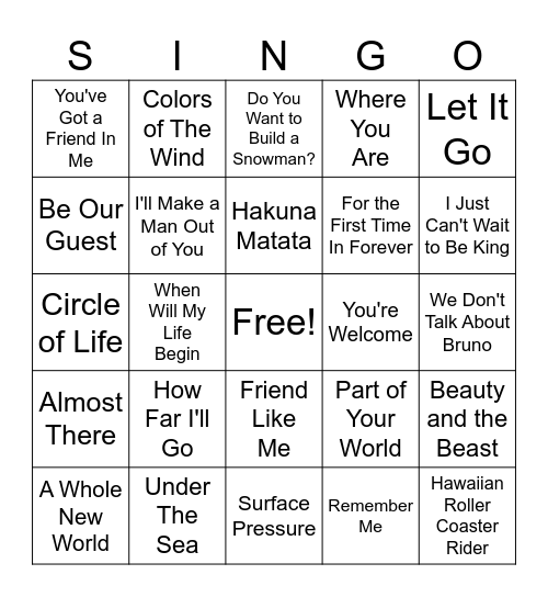 Disney Songs Bingo Card