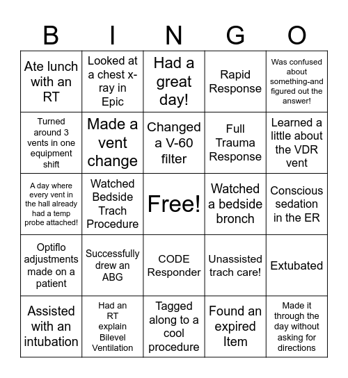 Respiratory Therapy Intern BINGO Card