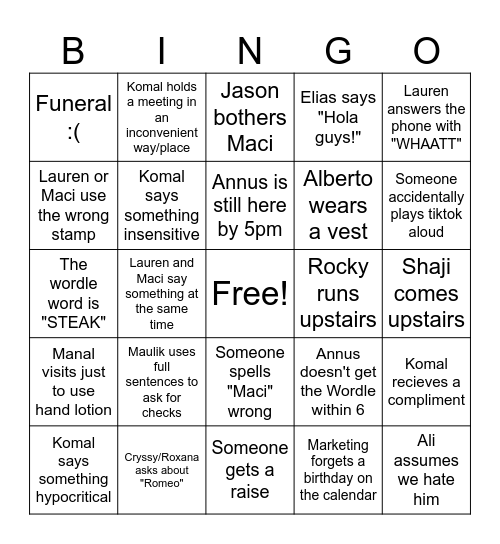 Summerbell Bingo Card