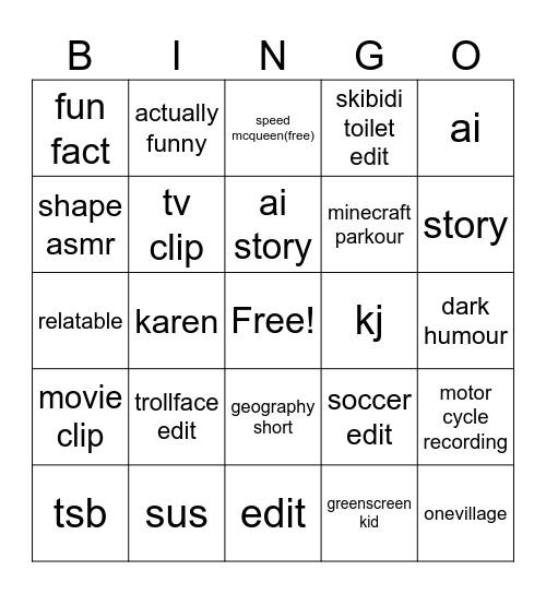 yt shorts bingo Card