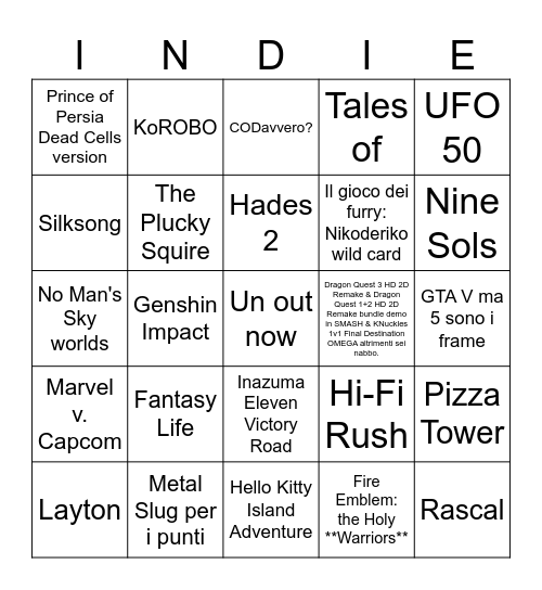 Indie World+Partner Showcase agosto 2024 Bingo Card