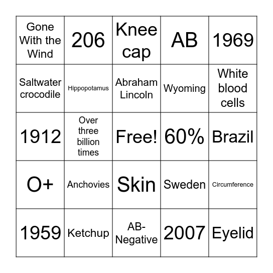 Trivia Bingo Card