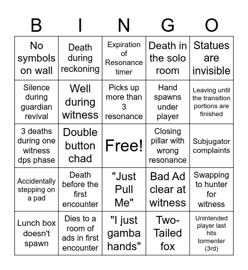 Salvation's Edge Bingo Card