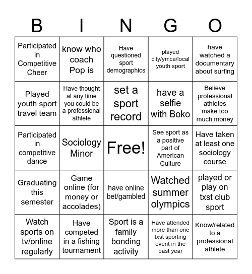 Sociology of Sport Bingo Card