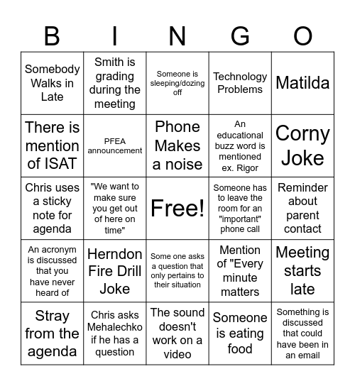 PFHS Staff Bingo Card