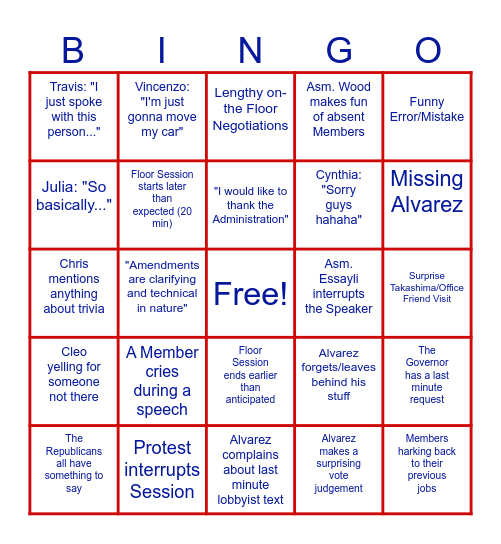 2024 End of Session Bingo Card
