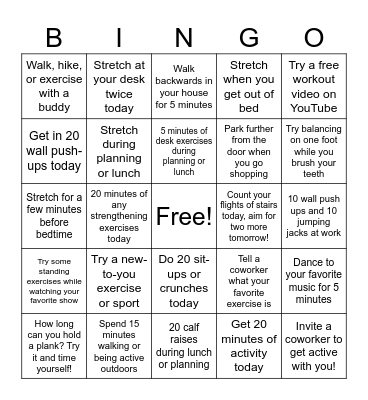 Physical Activity Bingo Card