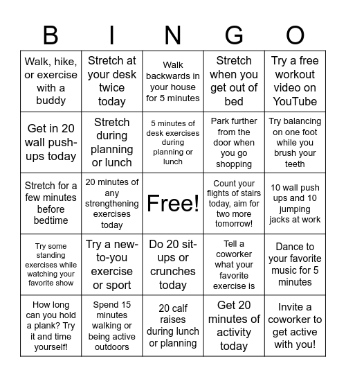 Physical Activity Bingo Card