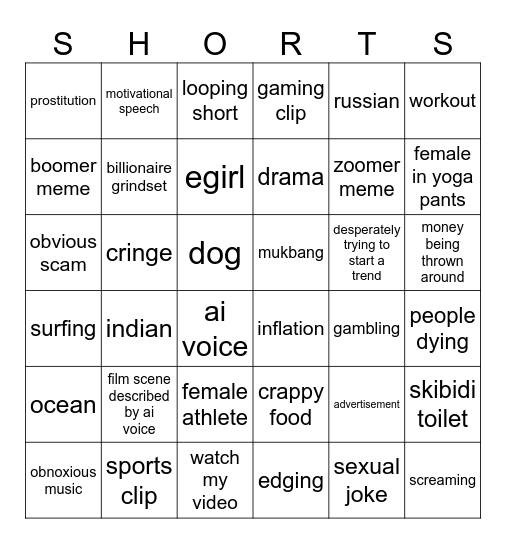 Youtube Shorts Bingo Card