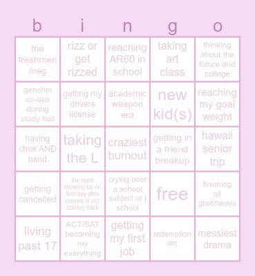 senior year bingo ! Bingo Card