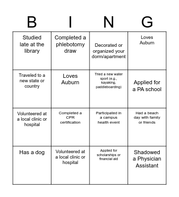 Pre-PA Club Bingo Card