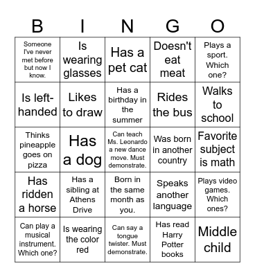 Classmate Bingo: Write your classmate's name in the box. Bingo Card