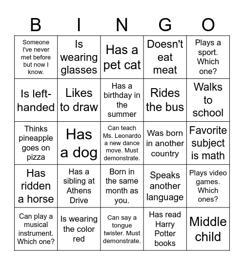 Classmate Bingo: Write your classmate's name in the box. Bingo Card