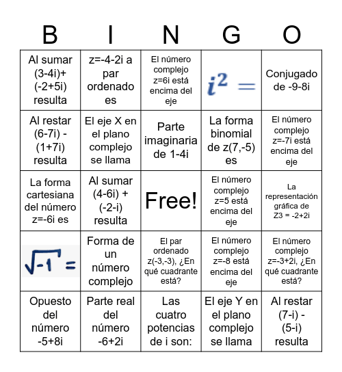 Números complejos - Bingo Card
