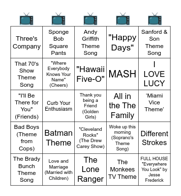 MUSIC BINGO - TV THEME SONGS Bingo Card