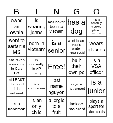 VSA BINGO Card
