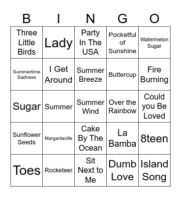 Summer Songs Bingo Card