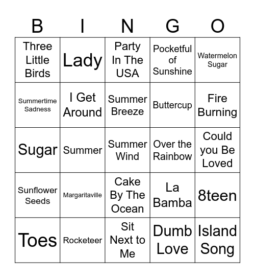 Summer Songs Bingo Card