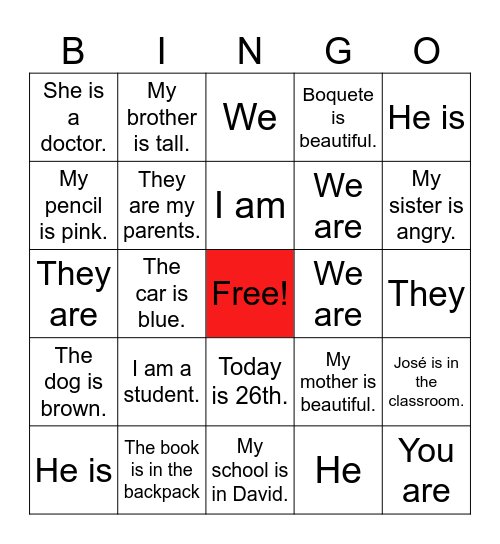 Verb to be Bingo Card