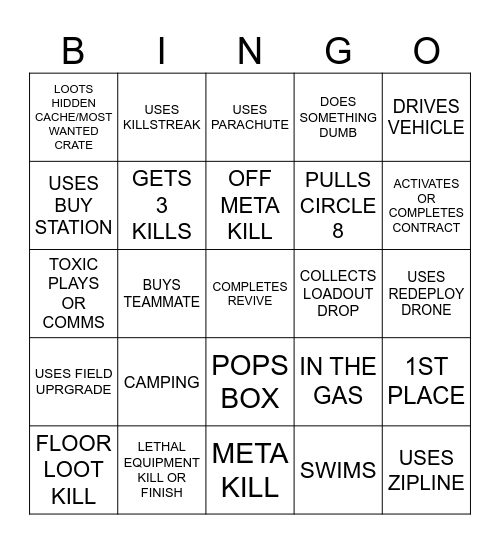 Warzone Bingo Card