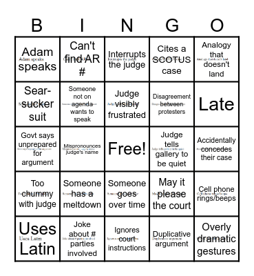 Oral Argument Bingo Card
