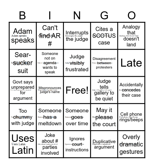 Oral Argument Bingo Card