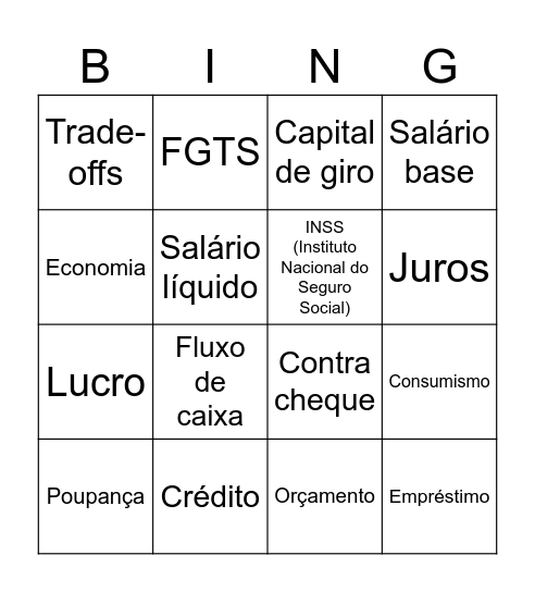 Matemática Financeira Bingo Card