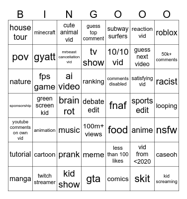 Youtyube Shorts Bingo Card