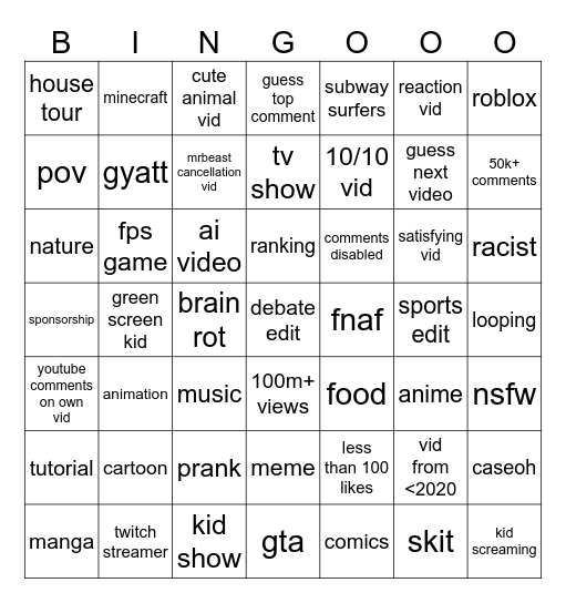 Youtyube Shorts Bingo Card