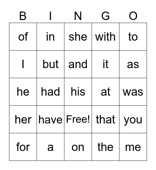 Heart Words - Kindergarten Bingo Card