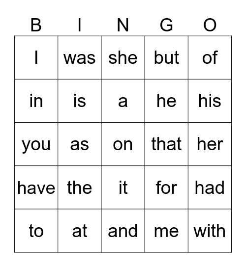 Heart Words - Kindergarten Bingo Card