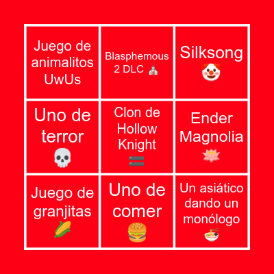 Nintendo Indie World Bingo Card