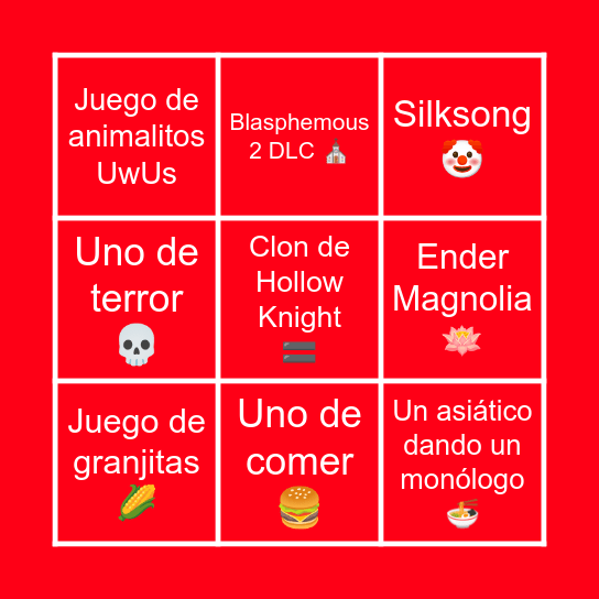 Nintendo Indie World Bingo Card