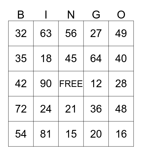 MULTIPLICATION Bingo Card