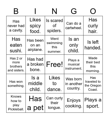 Get To Know You Bingo Card