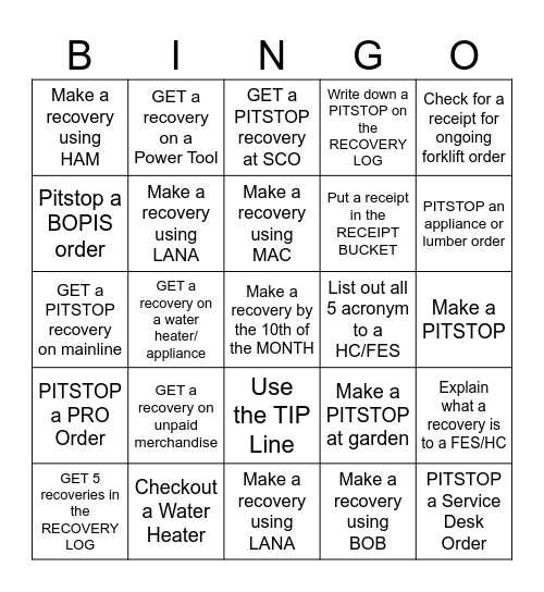 RECOVERY BINGO Card