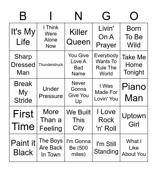 80s Rock & Classic Hits Bingo Card