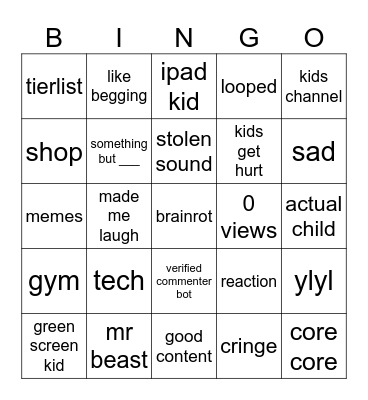 yt shorts bingo Card